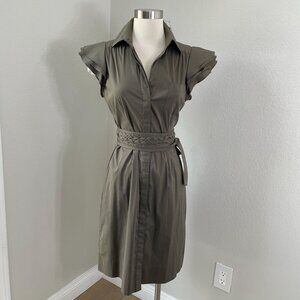 NEW BCBGMaxazria Womens 8 Petite Olive Green Short Sleeve Belted Dress Button Up